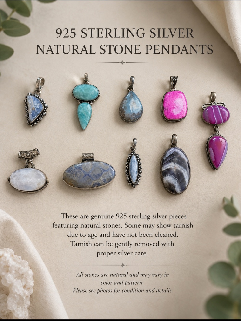 Bundle 925 Sterling Silver Natural Stone Pendants